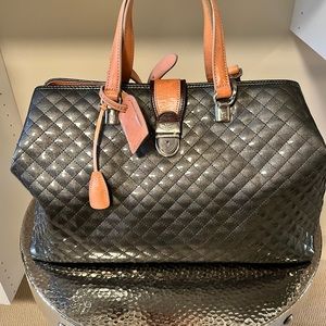 Consuela Travel Bag. Metallic Geary and with tan leather handles